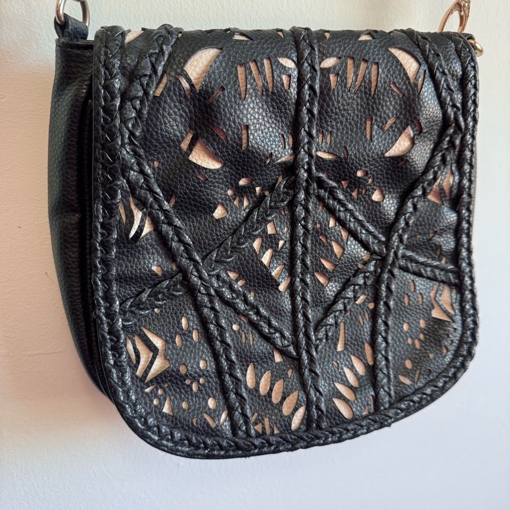 Under One Sky Boho Black Faux Leather Purse Laser Cut Lattice Braided Details